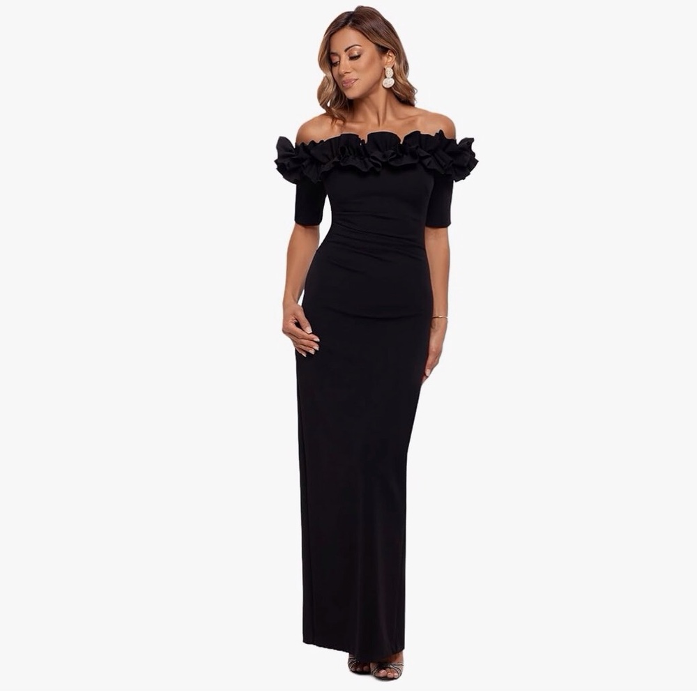 Xscape Black Ruffle Off-Shoulder Maxi Dress